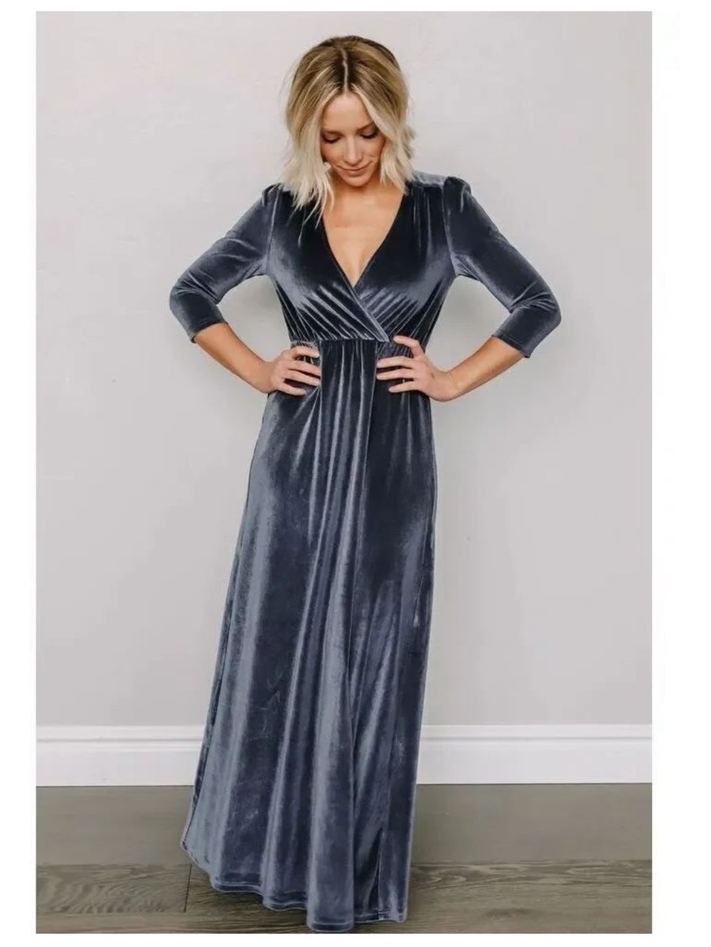 Baltic Born Sofia Velvet Slate Blue half sleeve maxi dress L